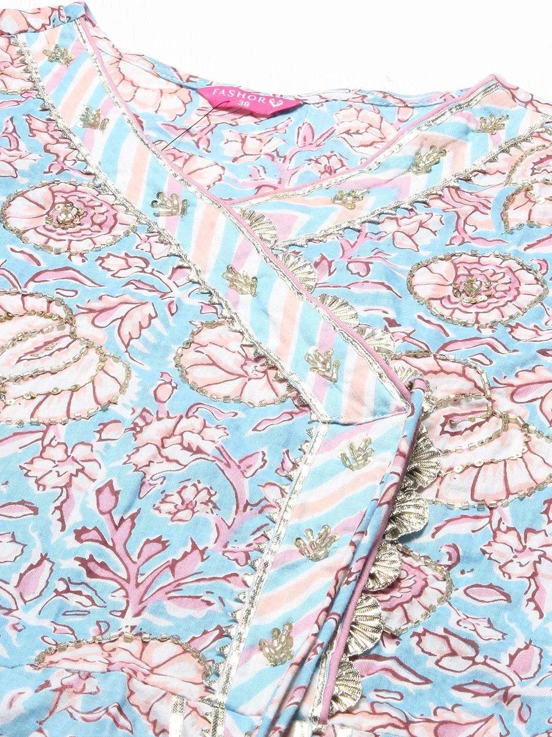Floral Printed & Hand Embroidered Kurta with Pants & Dupatta - Light Blue