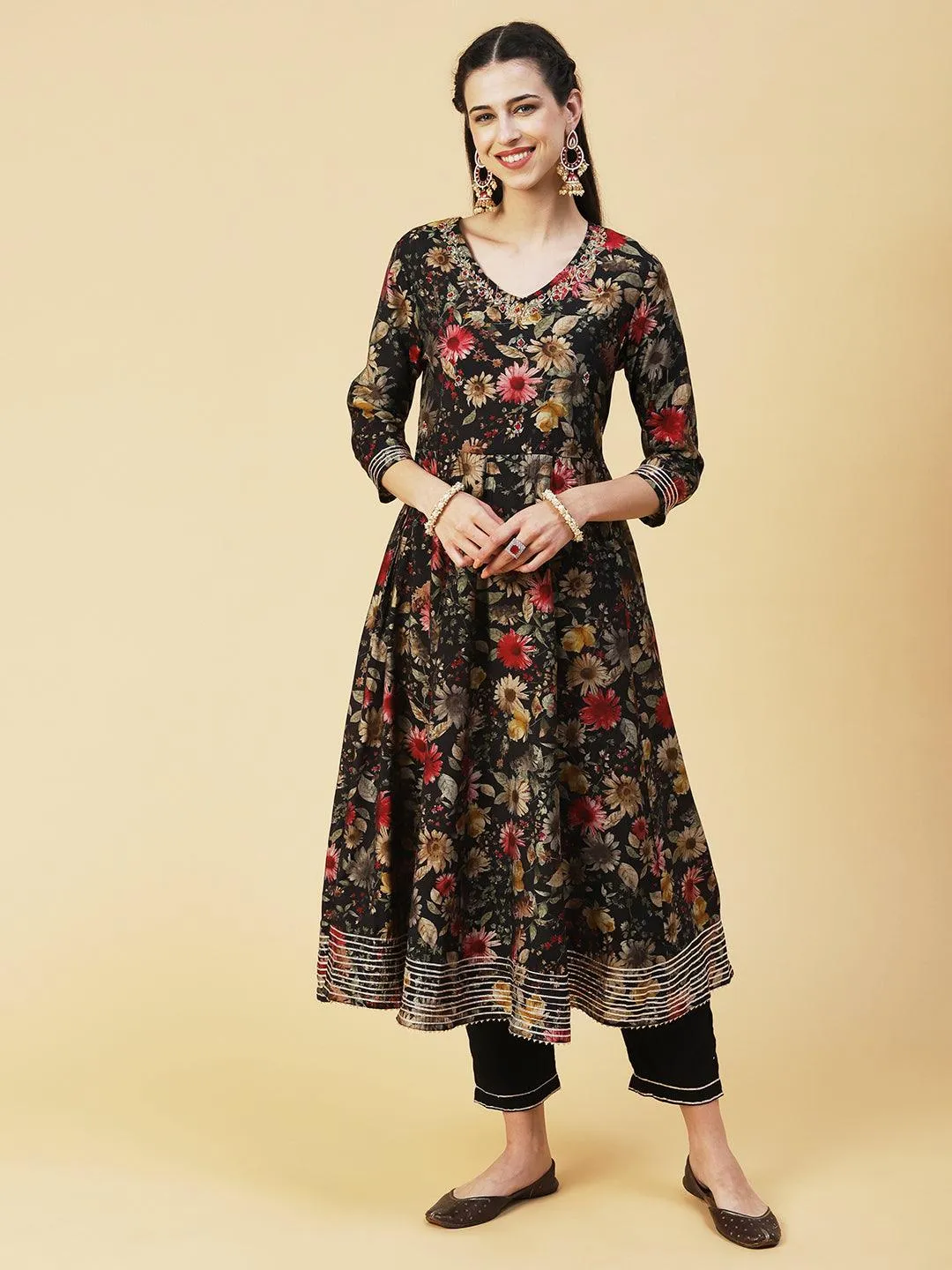 Floral Printed Hand Embroidered Kurta With Pants & Dupatta - Black