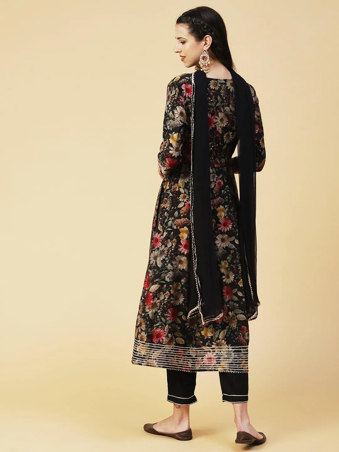 Floral Printed Hand Embroidered Kurta With Pants & Dupatta - Black