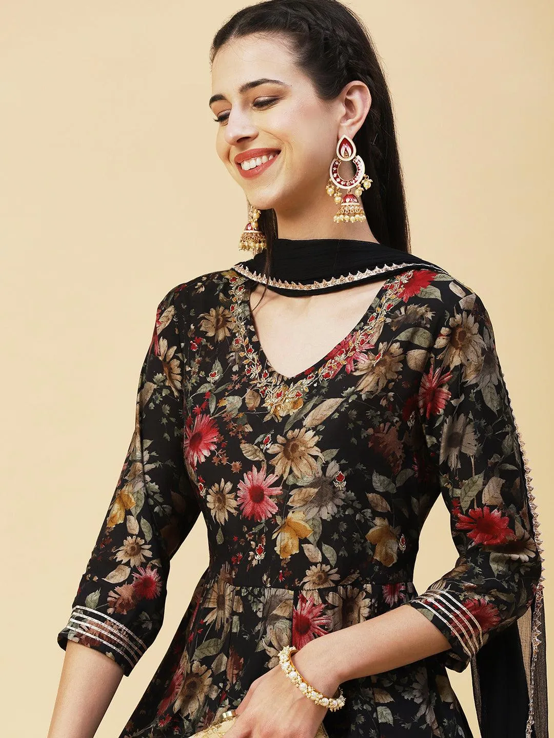 Floral Printed Hand Embroidered Kurta With Pants & Dupatta - Black