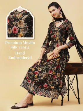 Floral Printed Hand Embroidered Kurta With Pants & Dupatta - Black