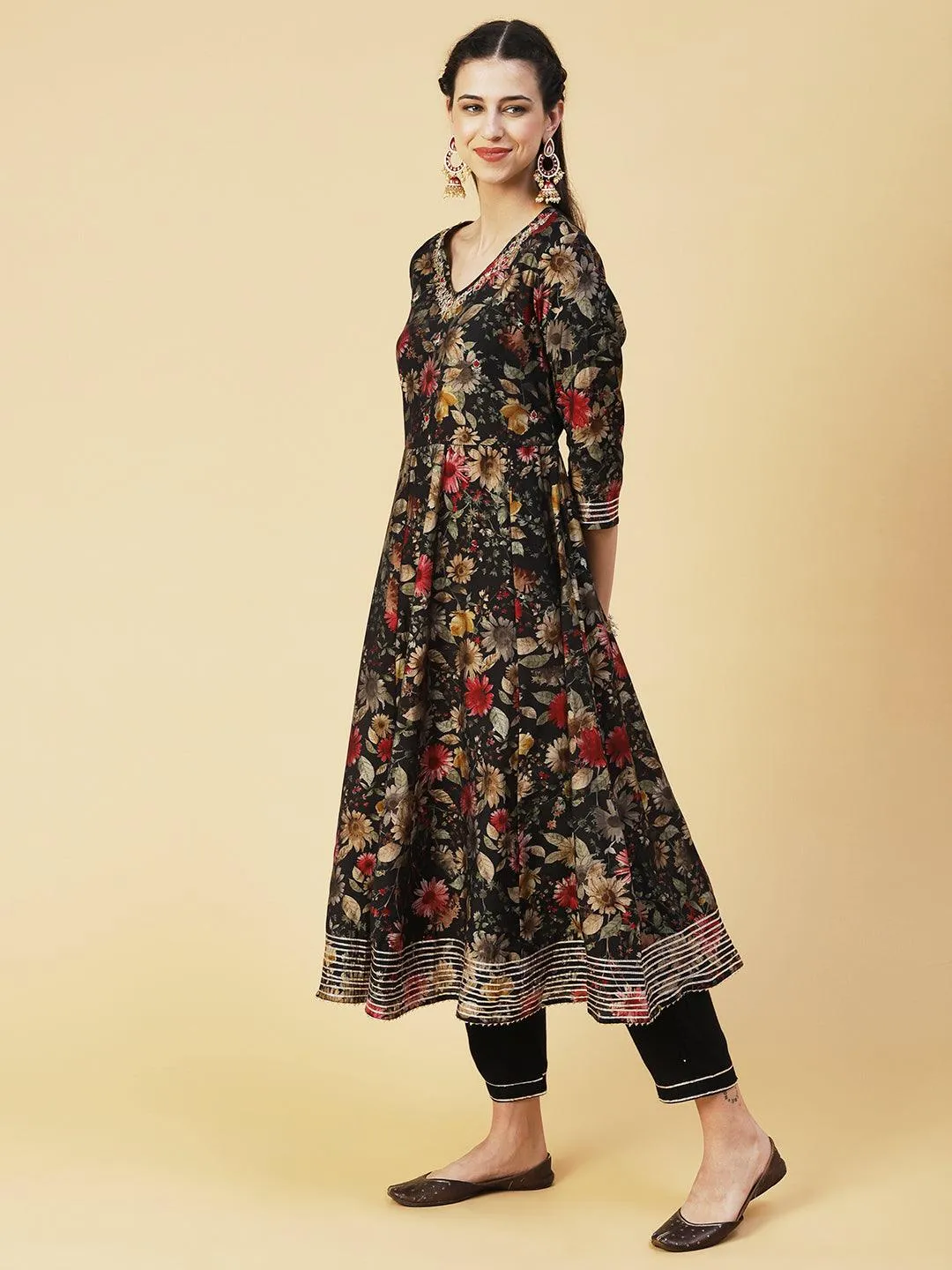 Floral Printed Hand Embroidered Kurta With Pants & Dupatta - Black