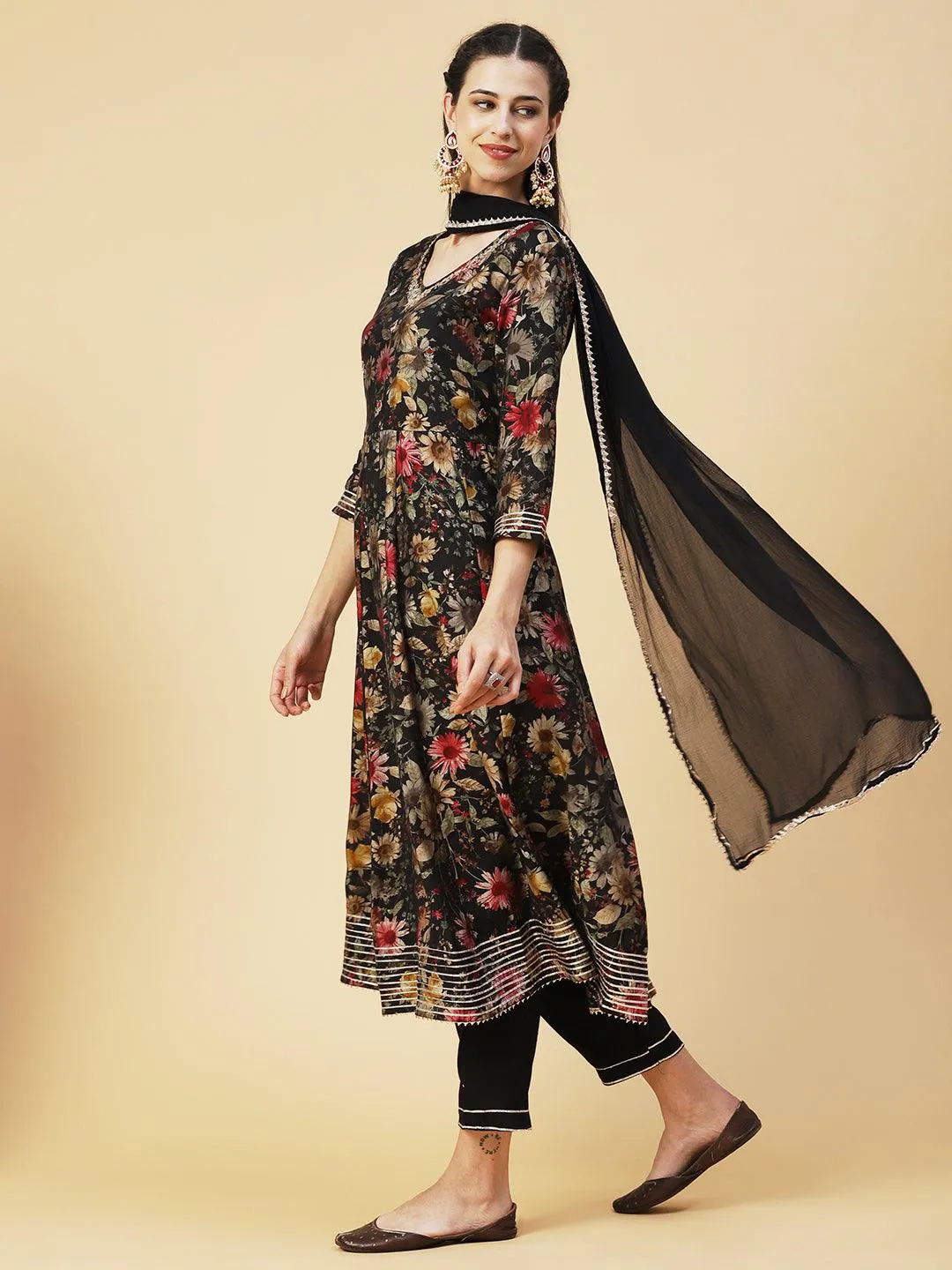 Floral Printed Hand Embroidered Kurta With Pants & Dupatta - Black