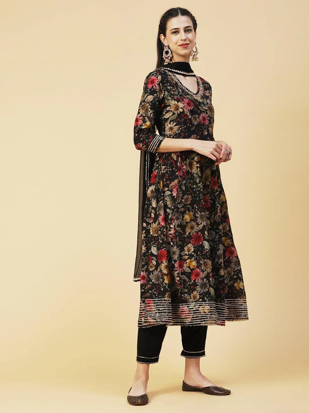 Floral Printed Hand Embroidered Kurta With Pants & Dupatta - Black