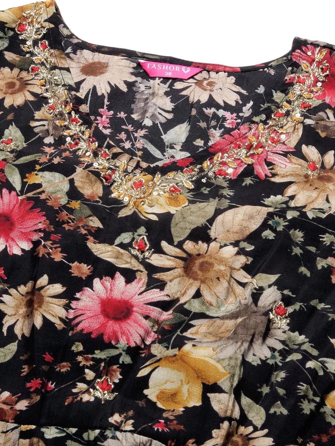 Floral Printed Hand Embroidered Kurta With Pants & Dupatta - Black