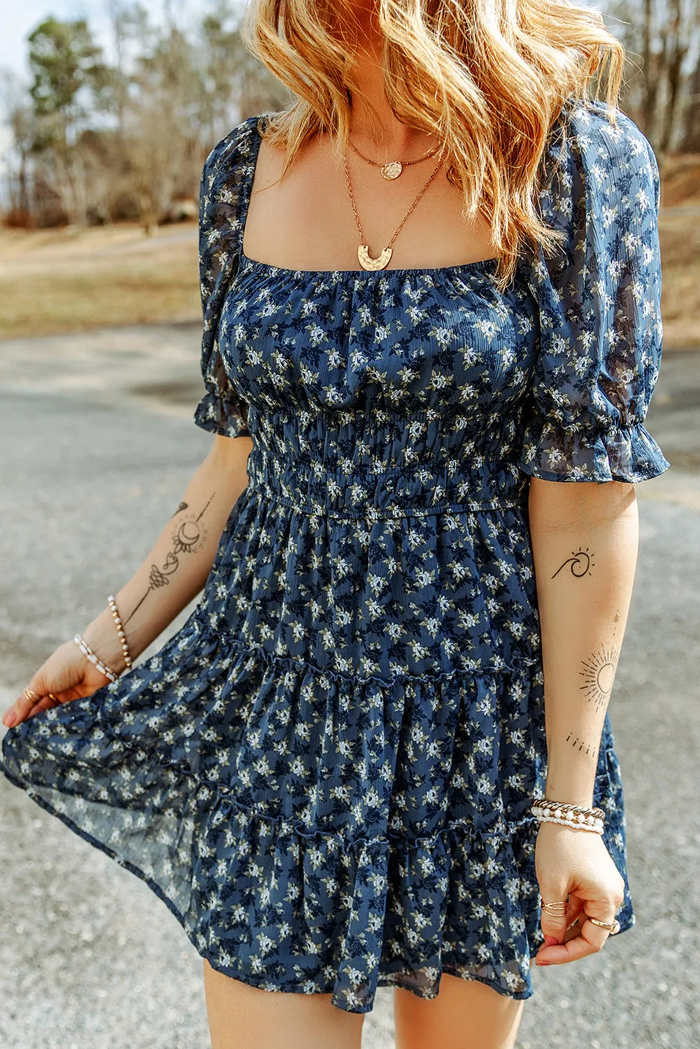Floral Smocked Tiered Ruffle Short Dress