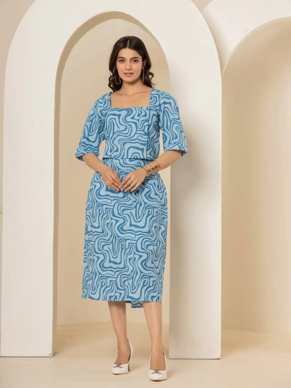 Fluid Wave Ocean Breeze Blue Midi Skirt Set