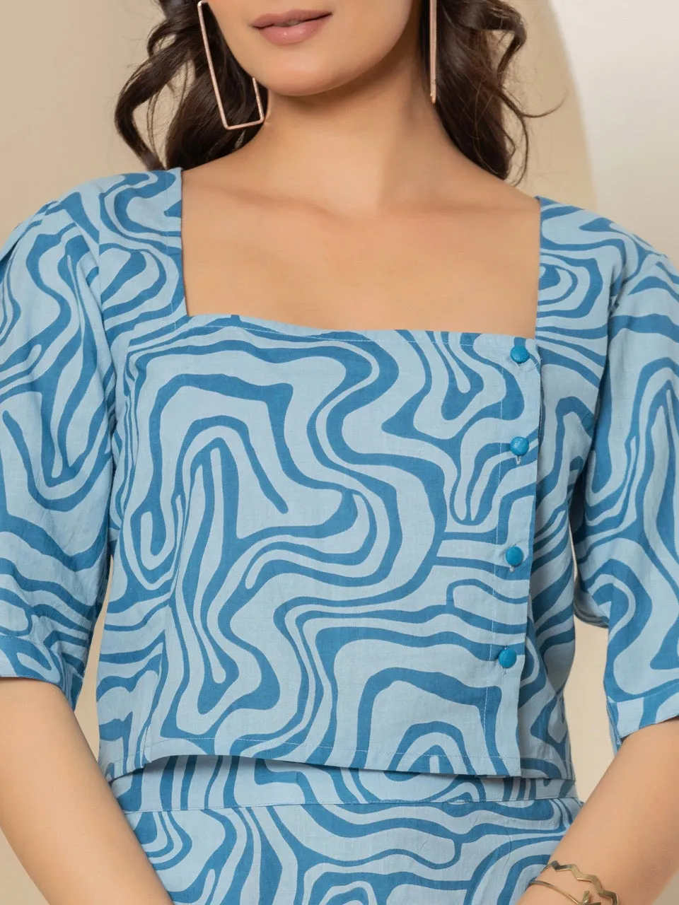 Fluid Wave Ocean Breeze Blue Midi Skirt Set
