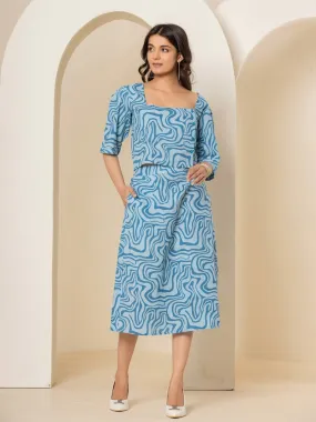 Fluid Wave Ocean Breeze Blue Midi Skirt Set