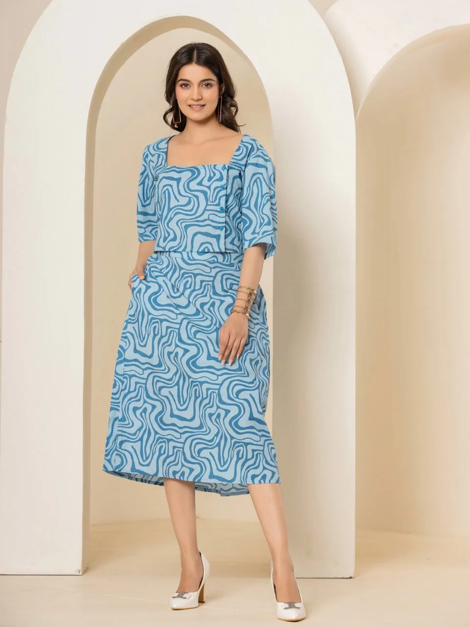 Fluid Wave Ocean Breeze Blue Midi Skirt Set