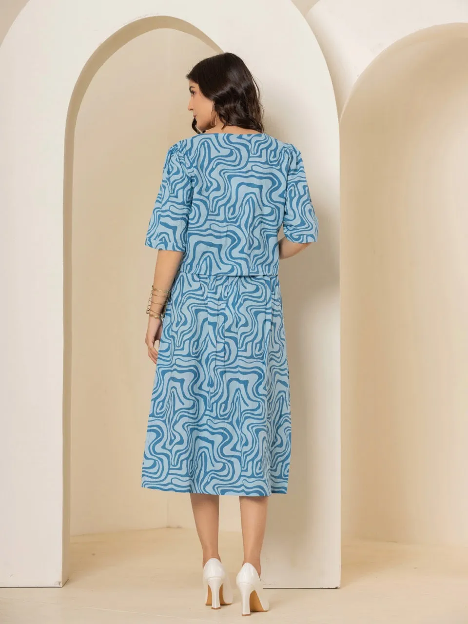Fluid Wave Ocean Breeze Blue Midi Skirt Set