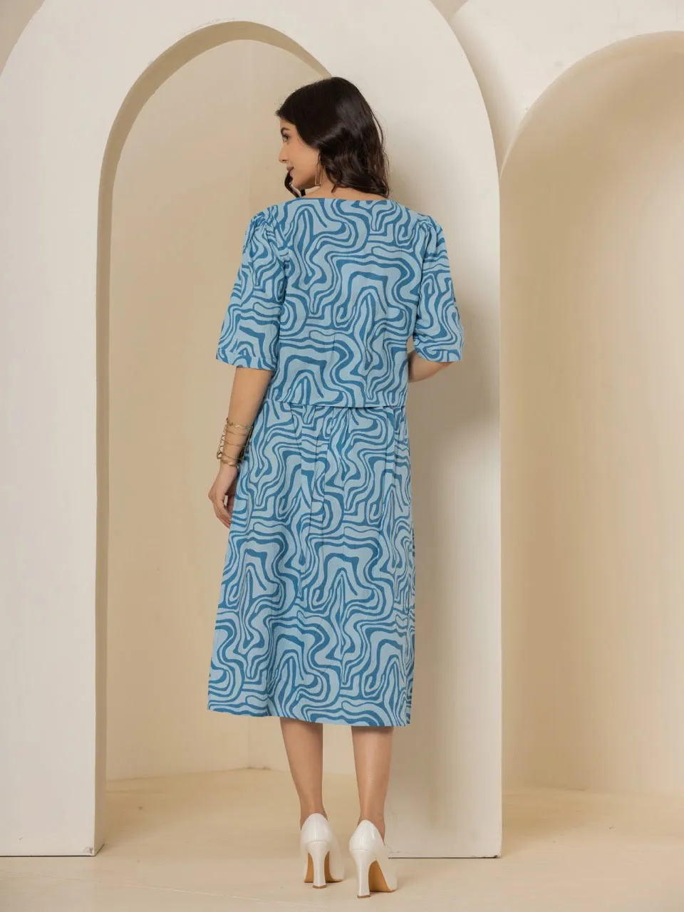 Fluid Wave Ocean Breeze Blue Midi Skirt Set