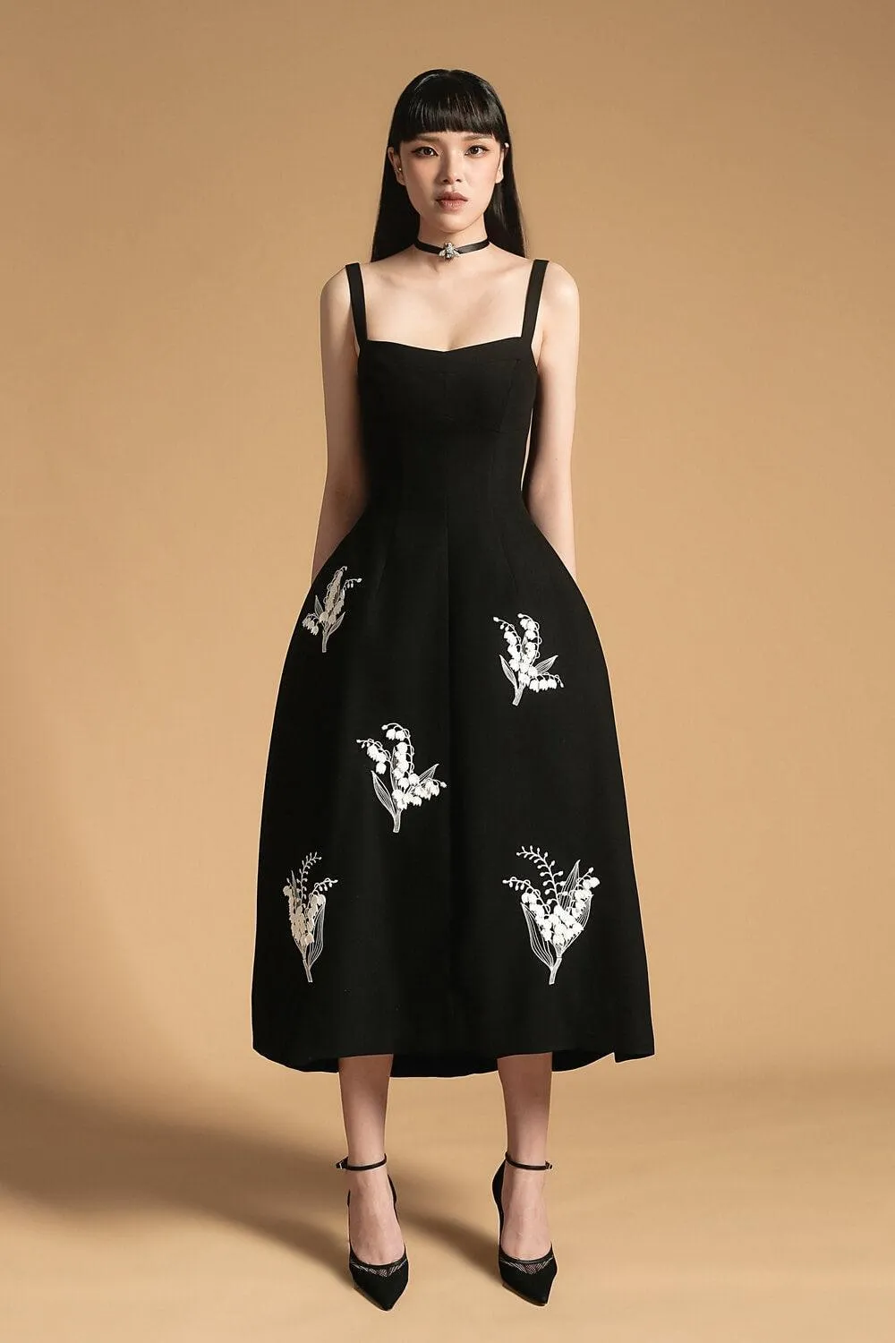 Francesca Fit and Flare Embroidered Polyester Spandex Midi Dress