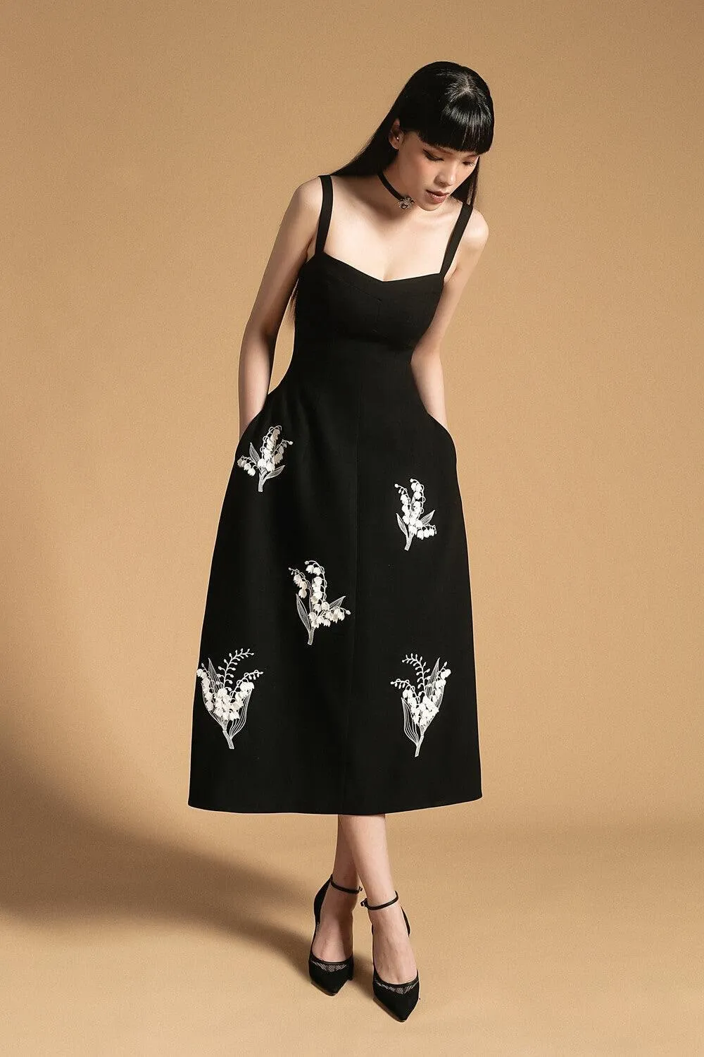 Francesca Fit and Flare Embroidered Polyester Spandex Midi Dress