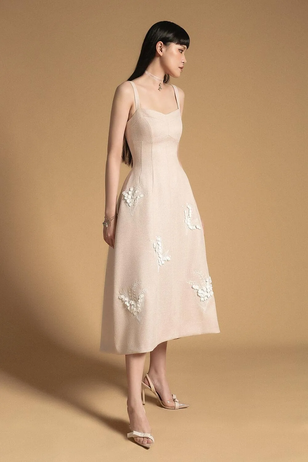 Francesca Fit and Flare Embroidered Polyester Spandex Midi Dress