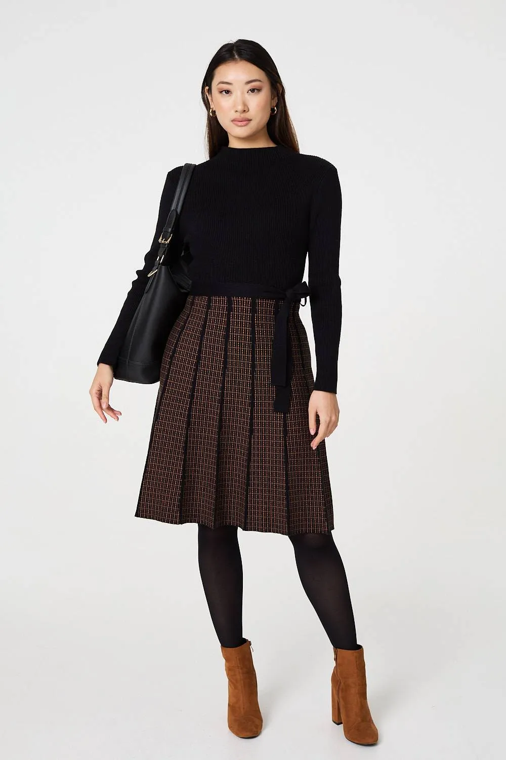 Geo Print Tie Waist Pleated Jumper Dress