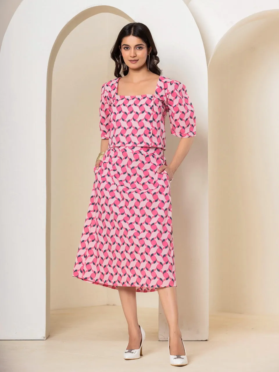 Geometrical Cherry Blossom Pink Midi Skirt Set