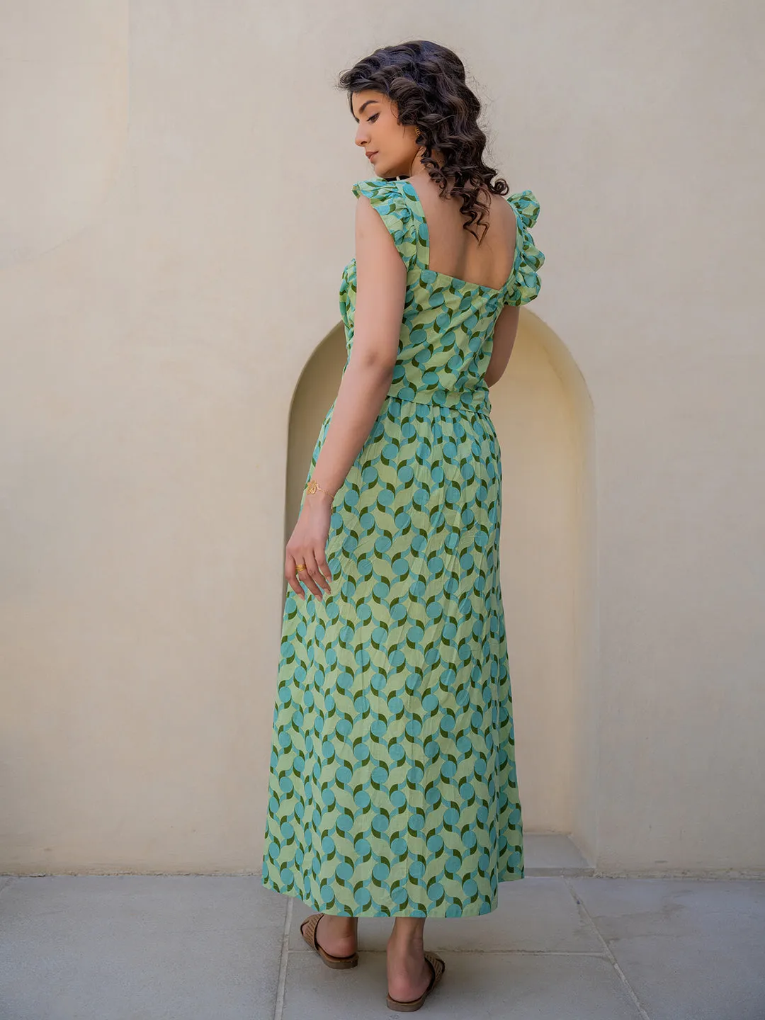 Geometrical Mint Mist Green Midi Skirt Set