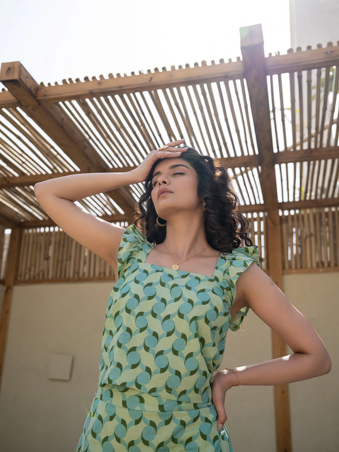 Geometrical Mint Mist Green Midi Skirt Set