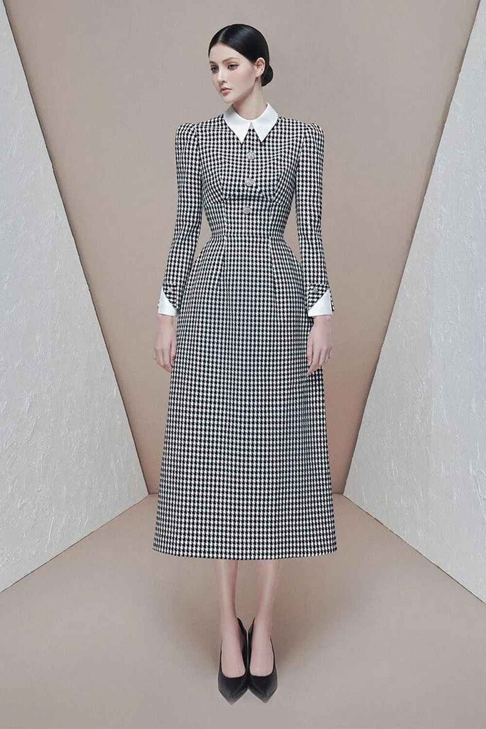 Gianni A-line Shirt Collar Jacquard Midi Dress