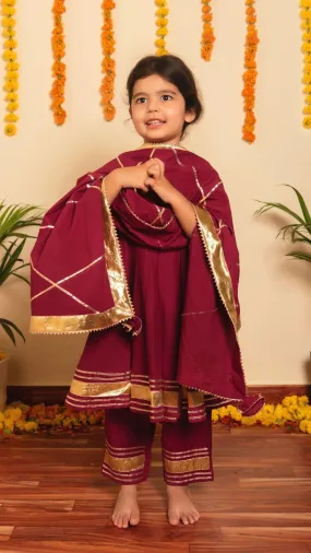 Girls Cotton Burgundy Gota Lace Detailing Anarkali Set