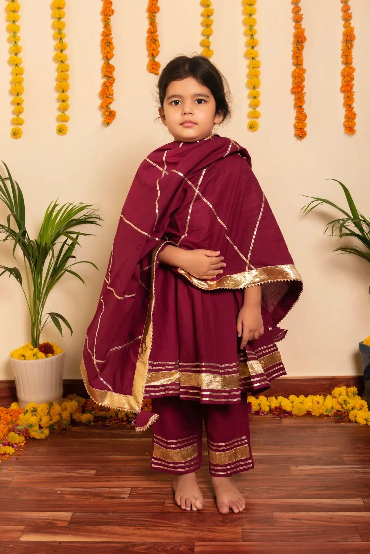Girls Cotton Burgundy Gota Lace Detailing Anarkali Set
