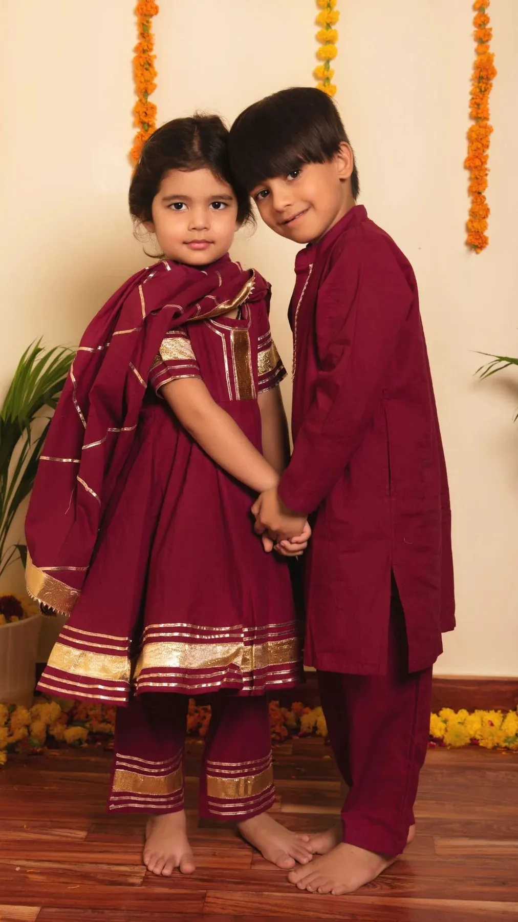 Girls Cotton Burgundy Gota Lace Detailing Anarkali Set