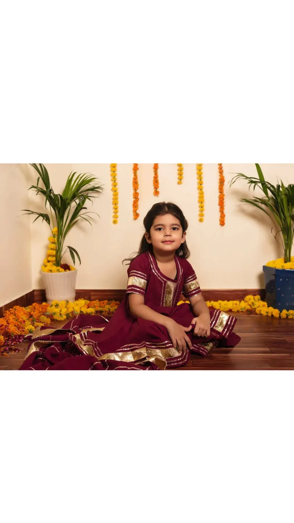 Girls Cotton Burgundy Gota Lace Detailing Anarkali Set