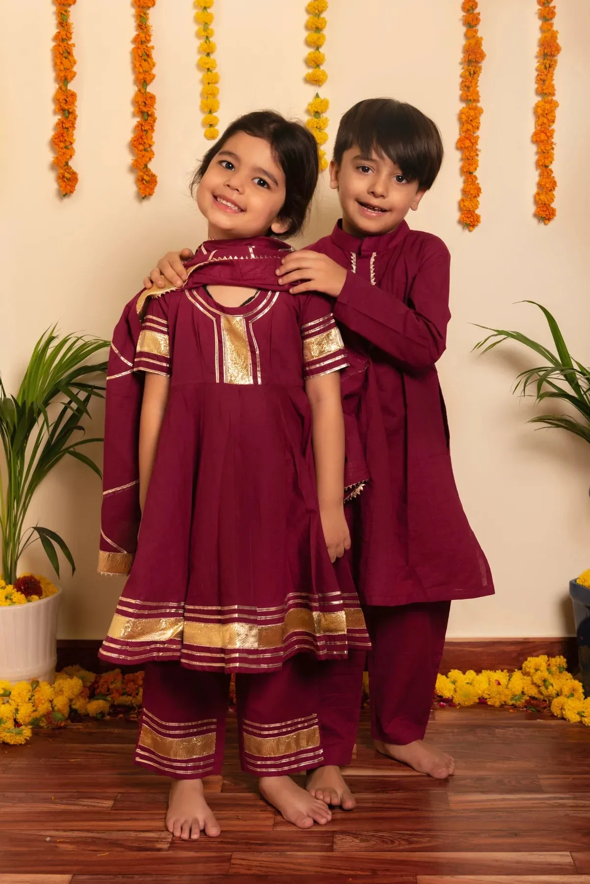Girls Cotton Burgundy Gota Lace Detailing Anarkali Set