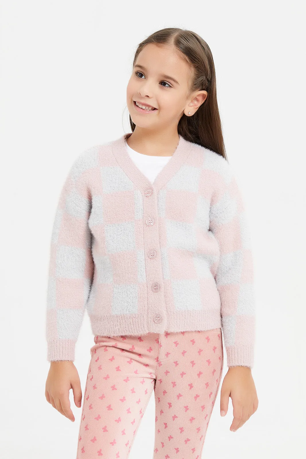 Girls Grey And Pink Checkered Cardigan