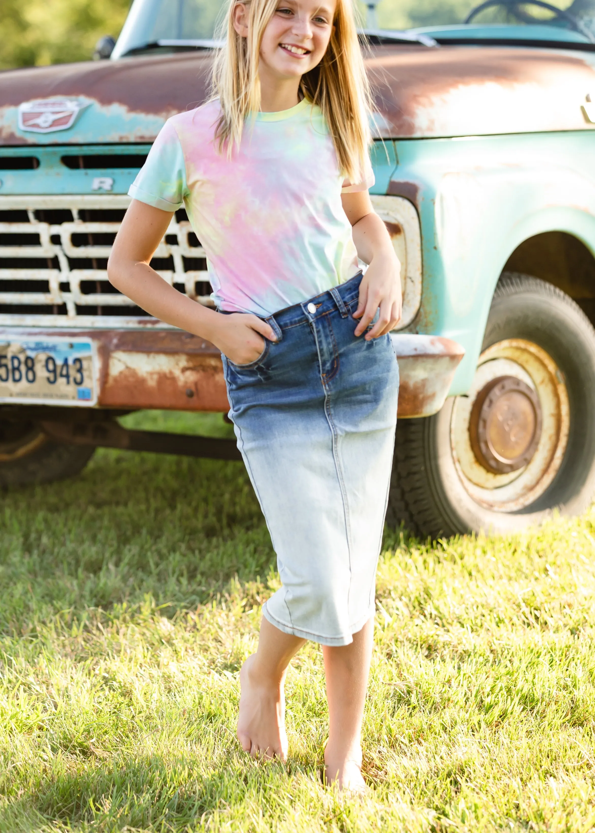 Girls Ombre Denim Midi Skirt