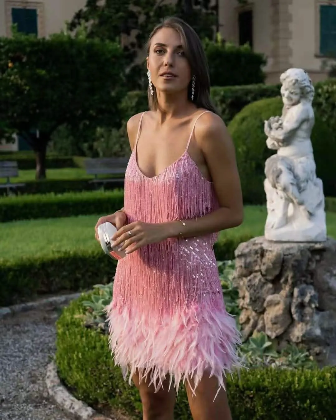 Glamorous Asymmetric Sequin Feather Tassel Gown