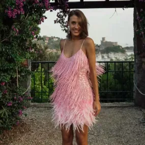 Glamorous Asymmetric Sequin Feather Tassel Gown