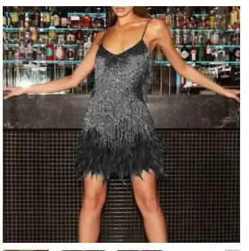 Glamorous Asymmetric Sequin Feather Tassel Gown