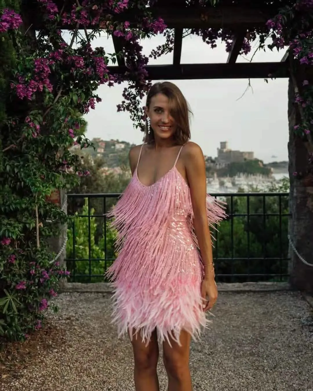 Glamorous Asymmetric Sequin Feather Tassel Gown