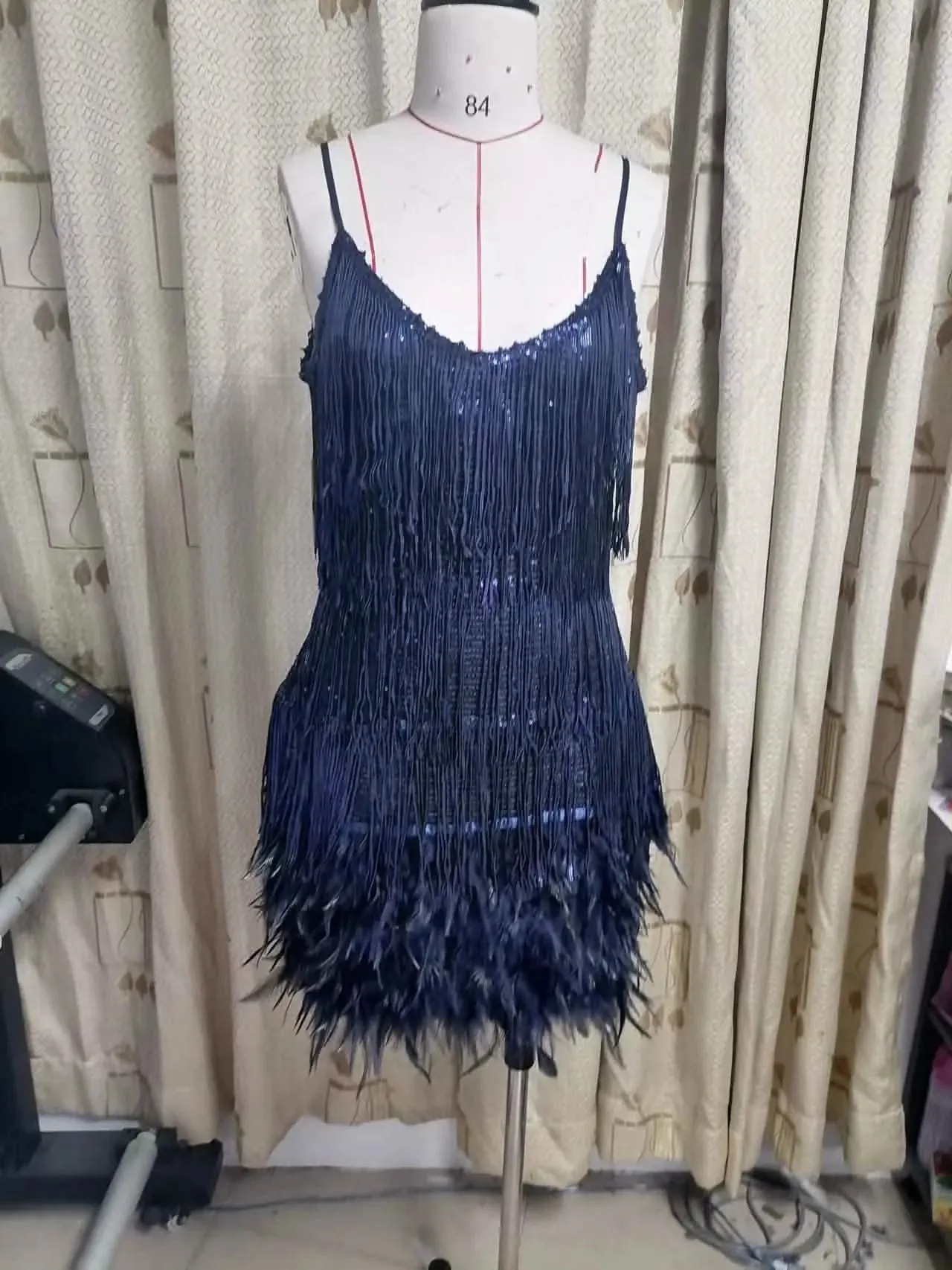 Glamorous Asymmetric Sequin Feather Tassel Gown