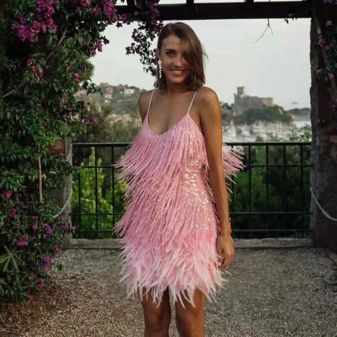 Glamorous Asymmetric Sequin Feather Tassel Gown