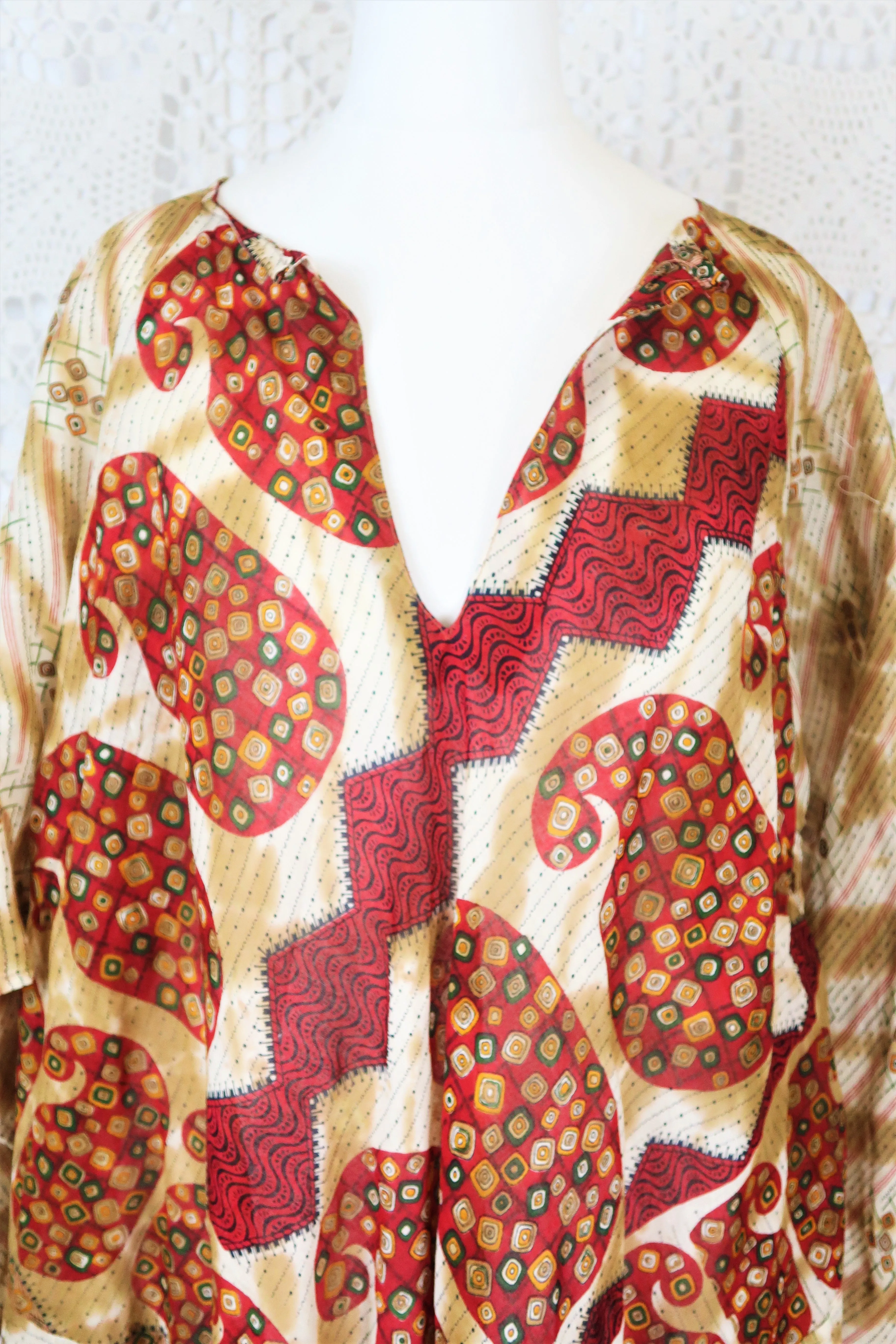 Goddess Dress - Vintage Indian Cotton - Ruby & Beige Paisley - Free Size