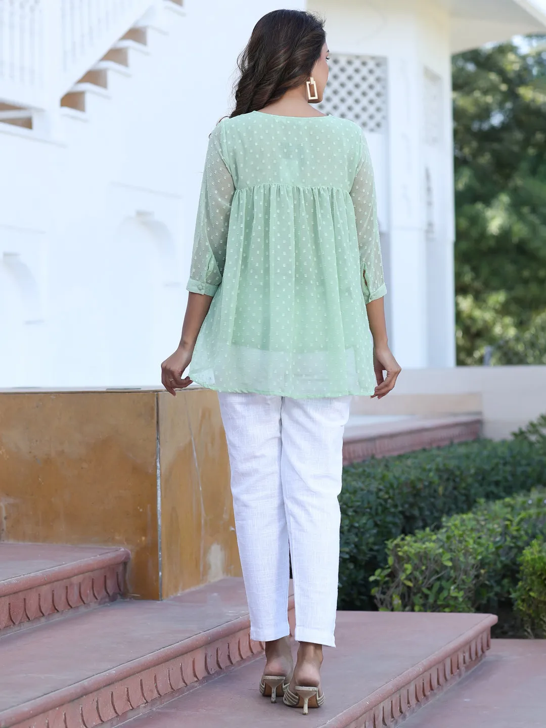 Green Chiffon Dobby Gathered Top With Flared Hemline With Cotton White Flared Pants