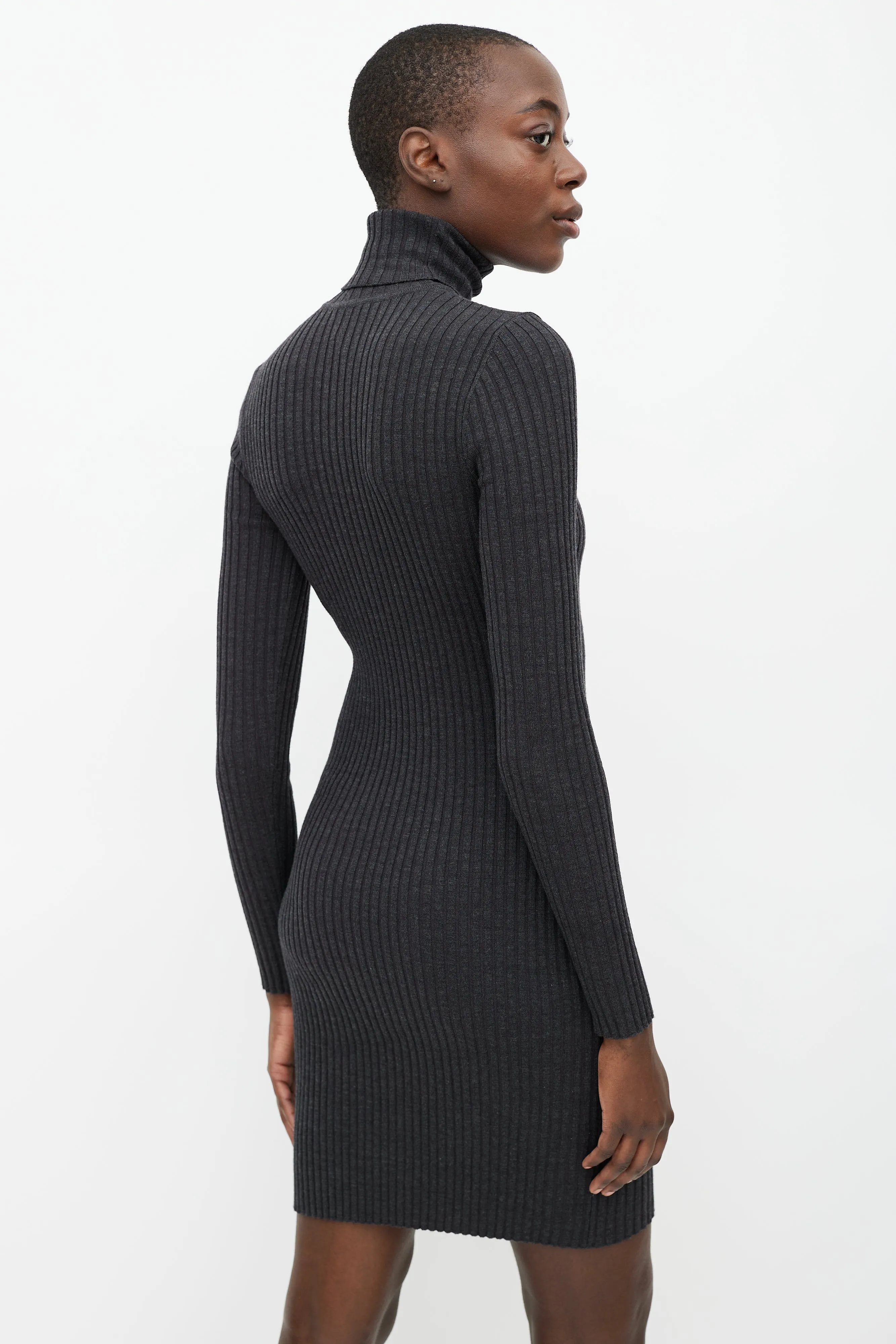 Grey Ribbed Wool Turtleneck Dress
