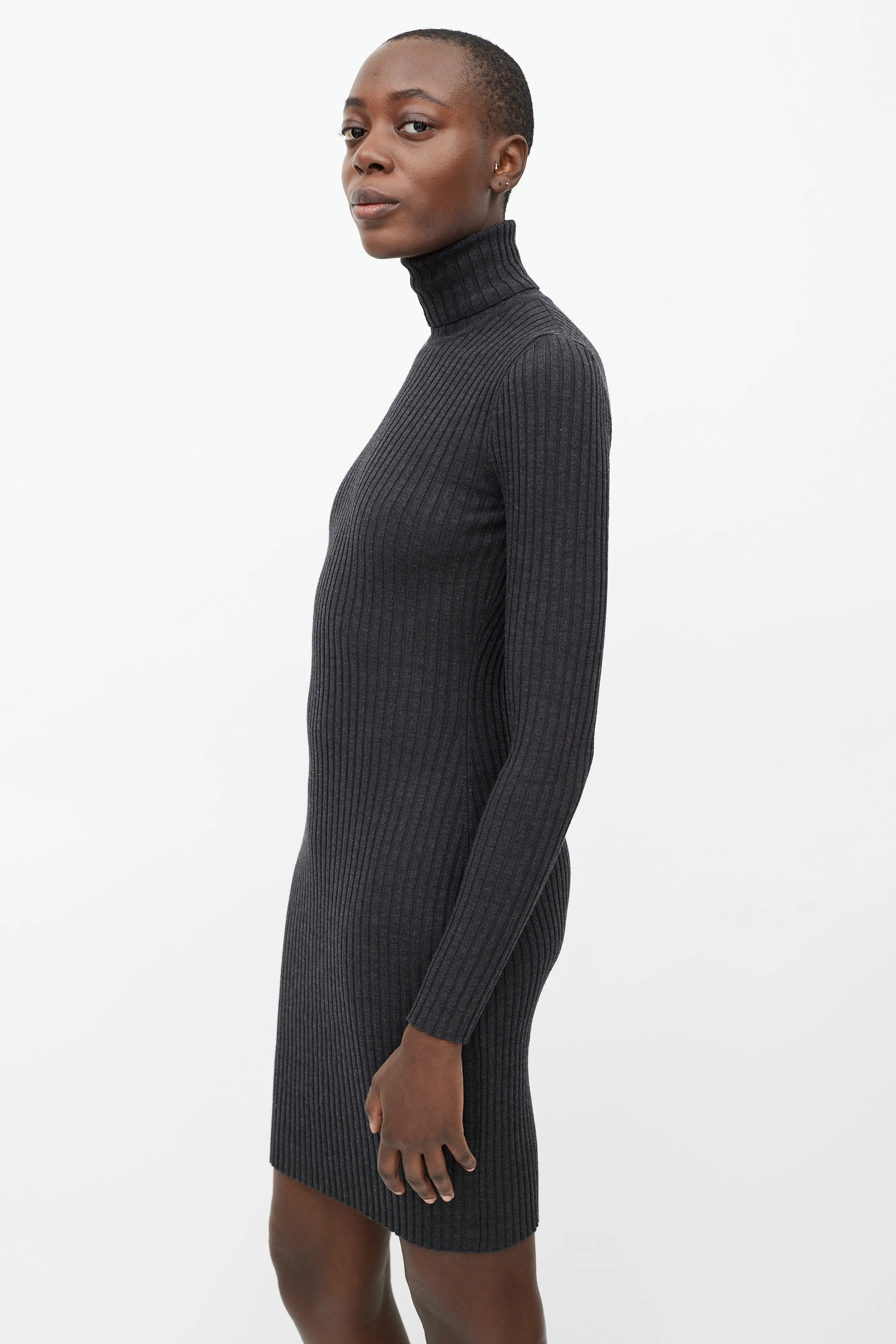 Grey Ribbed Wool Turtleneck Dress