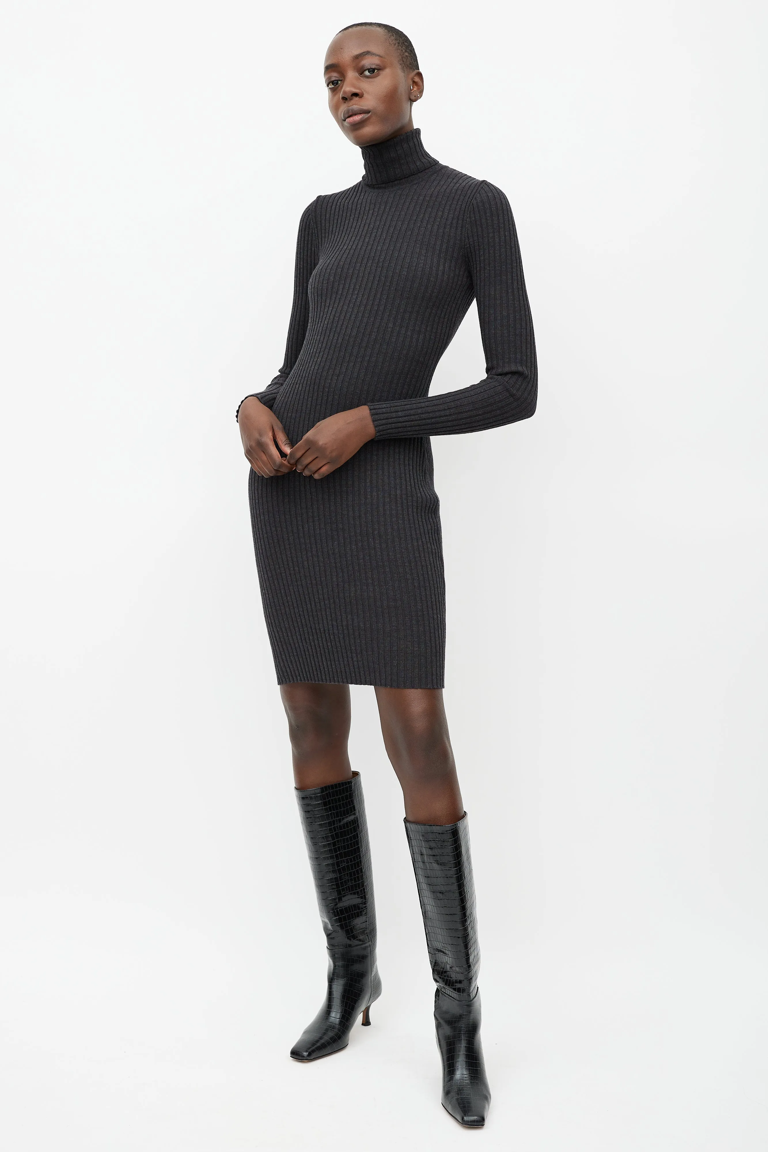 Grey Ribbed Wool Turtleneck Dress
