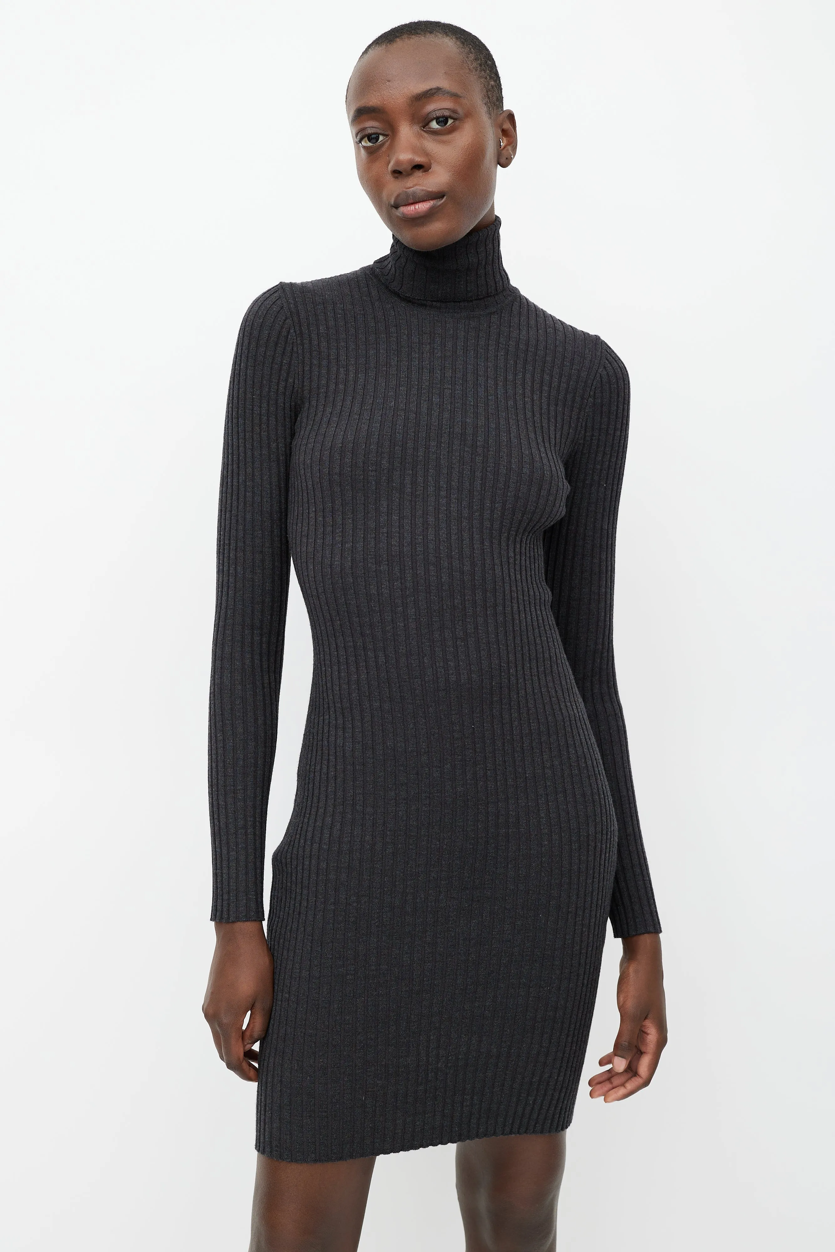 Grey Ribbed Wool Turtleneck Dress