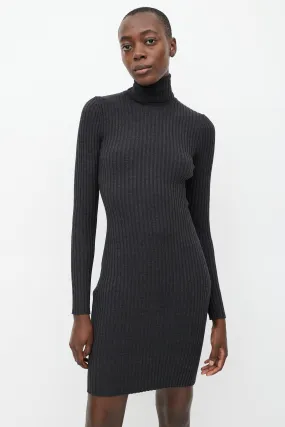 Grey Ribbed Wool Turtleneck Dress