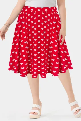 Heart Print Drawstring Elasticated Waist Midi Skirt
