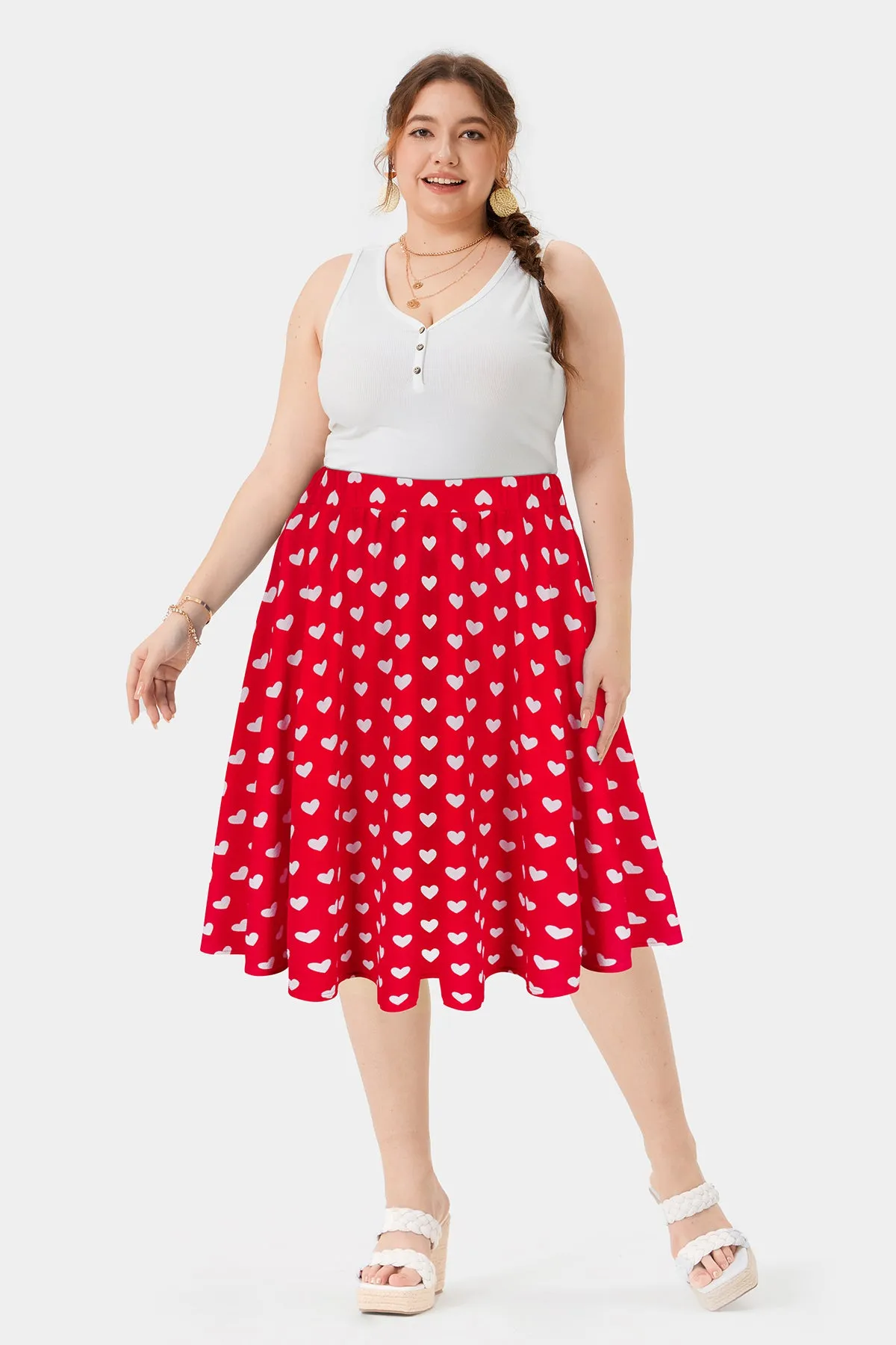 Heart Print Drawstring Elasticated Waist Midi Skirt