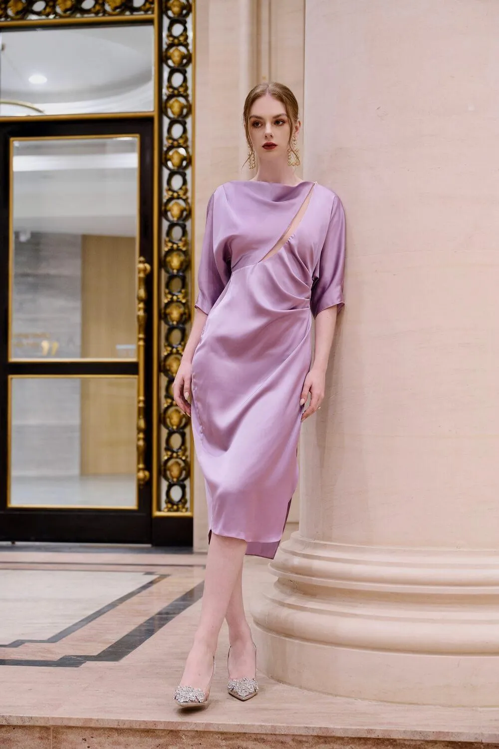 Helene Slit Dolman Sleeved Silk Midi Dress