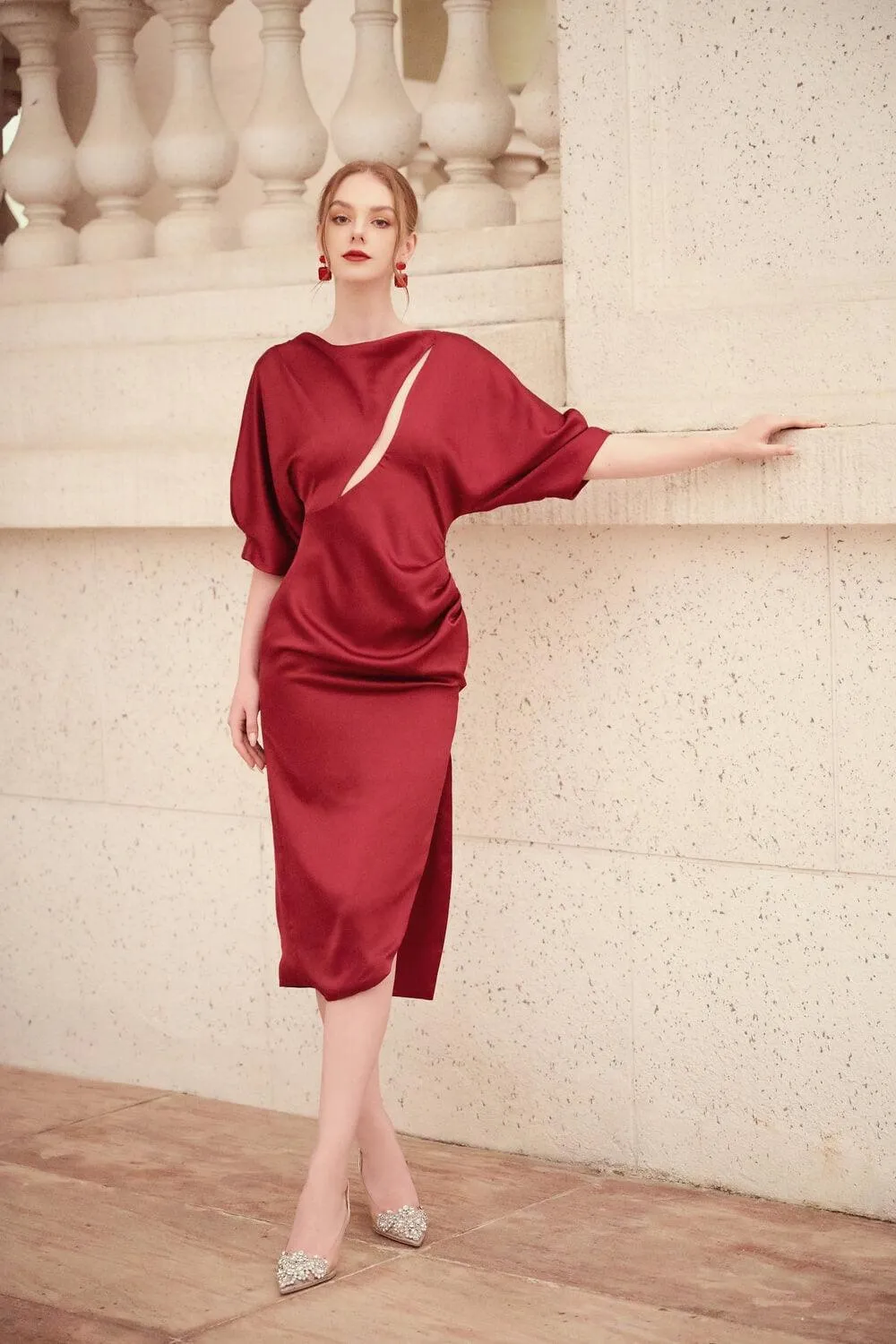 Helene Slit Dolman Sleeved Silk Midi Dress
