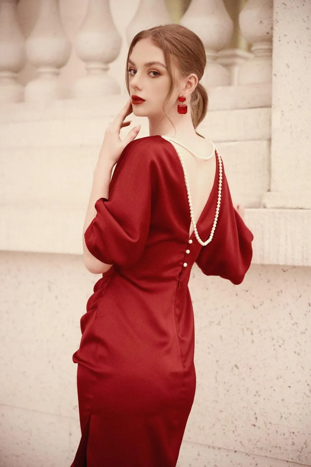 Helene Slit Dolman Sleeved Silk Midi Dress