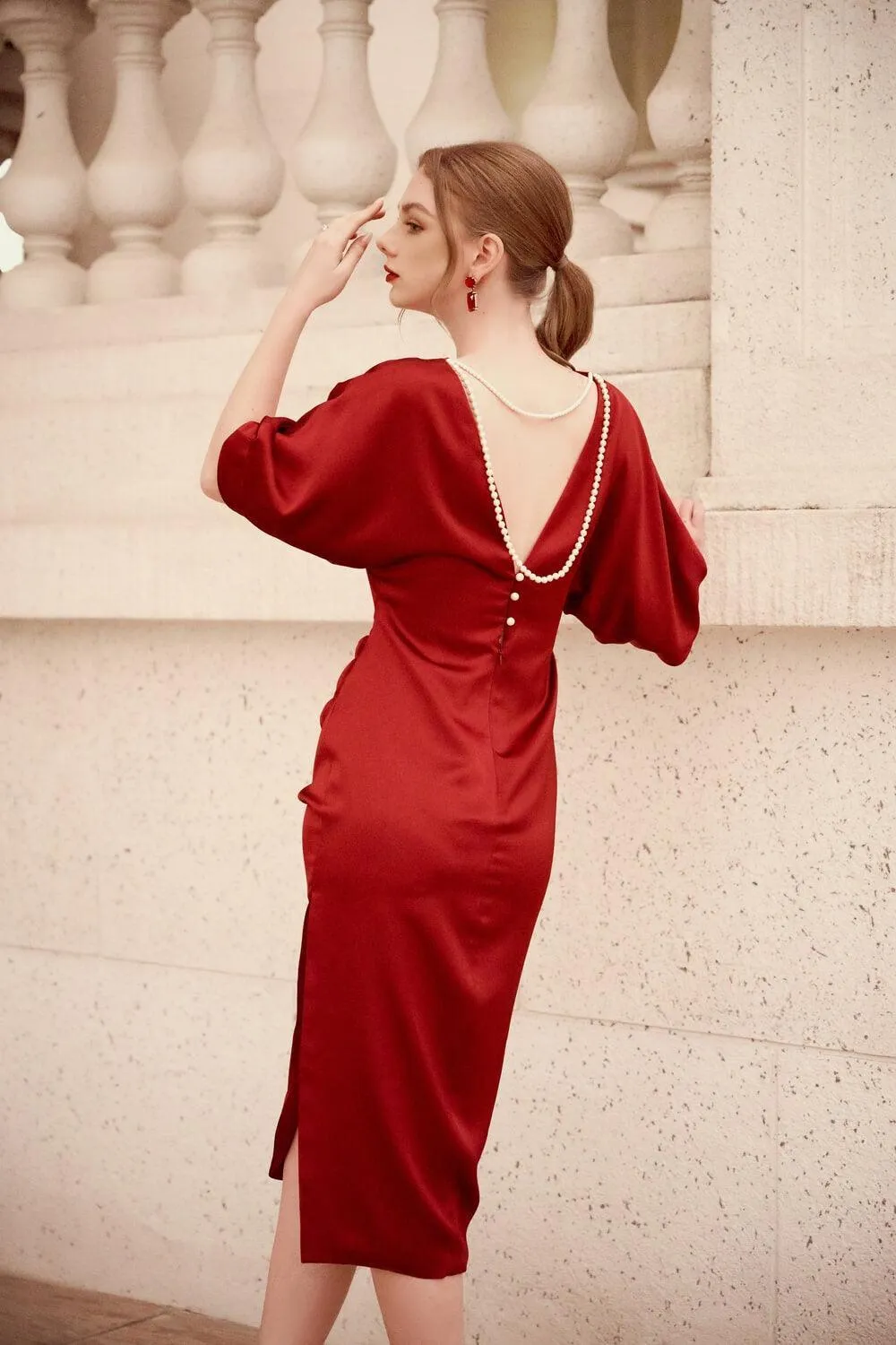 Helene Slit Dolman Sleeved Silk Midi Dress